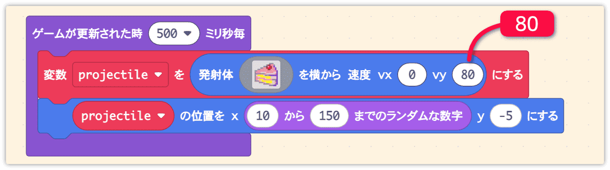 ケーキの速度vyを80にする